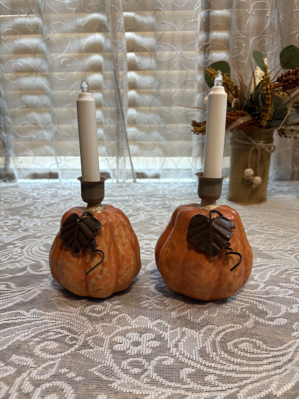Vintage Ceramic Pumpkin Taper Candle Holders Pair | Fall Autumn Table Decor